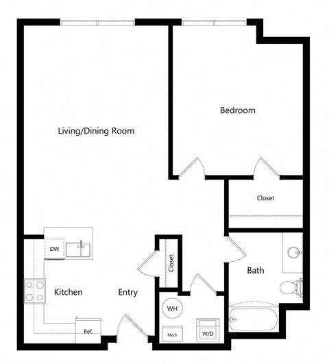Floor plan for 1 bed, 1 bath, 734 sqft